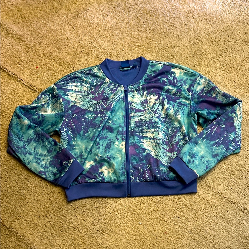 Adidas Womens Medium Bomber‎ Jacket Blue Abstract Floral Print